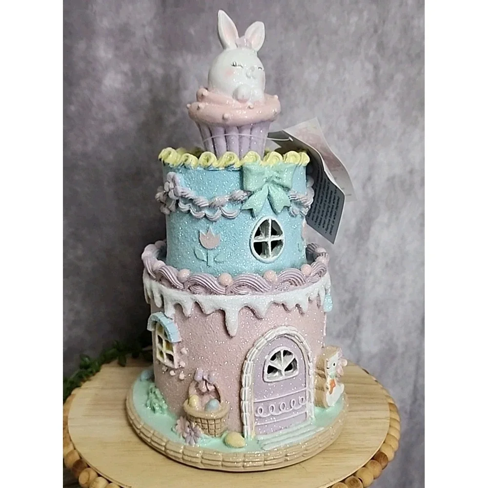 Easter Cake Cupcake Gingerbread House Bunny Pastel LIGHT UP Tabletop Decor 10.5